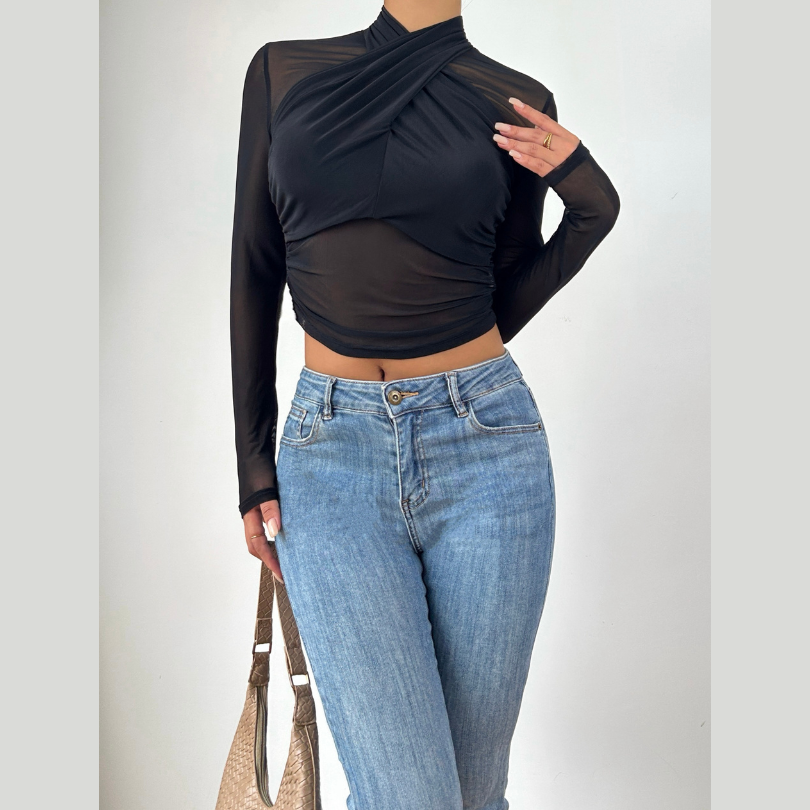 Long sleeve high neck mesh front cross top