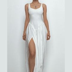 U neck ruched solid backless cami maxi dress-final-sale