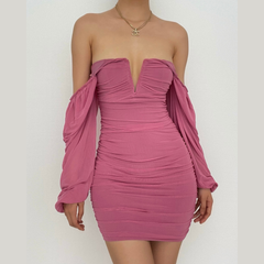 Mesh solid long sleeve ruched notch neck zip-up mini dress-final-sale