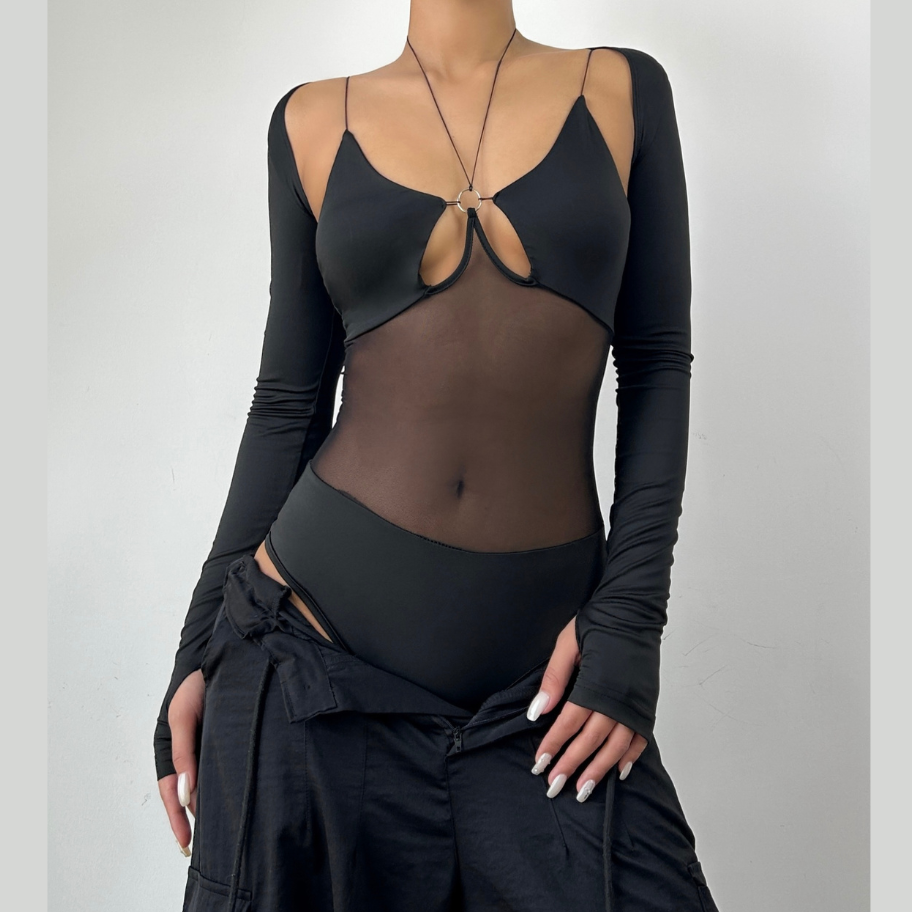 Long sleeve gloves o ring hollow out shrug 2 piece bodysuit