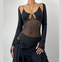 Long sleeve gloves o ring hollow out shrug 2 piece bodysuit