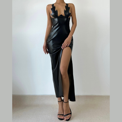 PU leather slit backless maxi dress