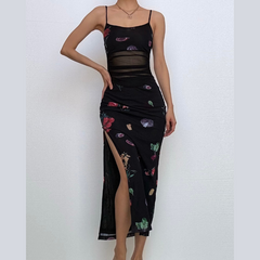 High slit print mesh backless cami midi dress
