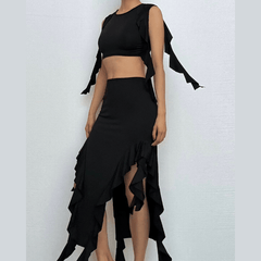 Sleeveless ruffle irregular solid maxi skirt set-final-sale
