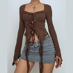Long sleeve ruffle self tie top