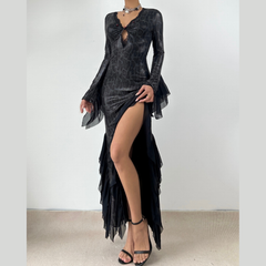 Long sleeve v neck lace hem snakeskin print maxi dress