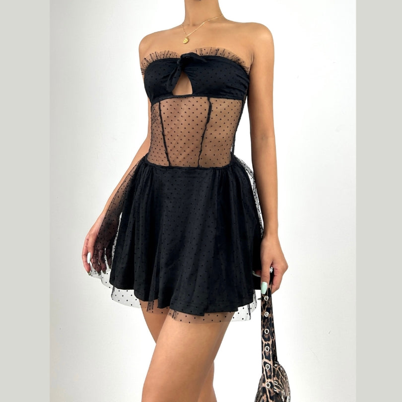Hollow out bowknot polka dot ruffle cut out mini dress