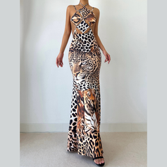 Tiger stripes print halter self tie hollow out cut out maxi dress