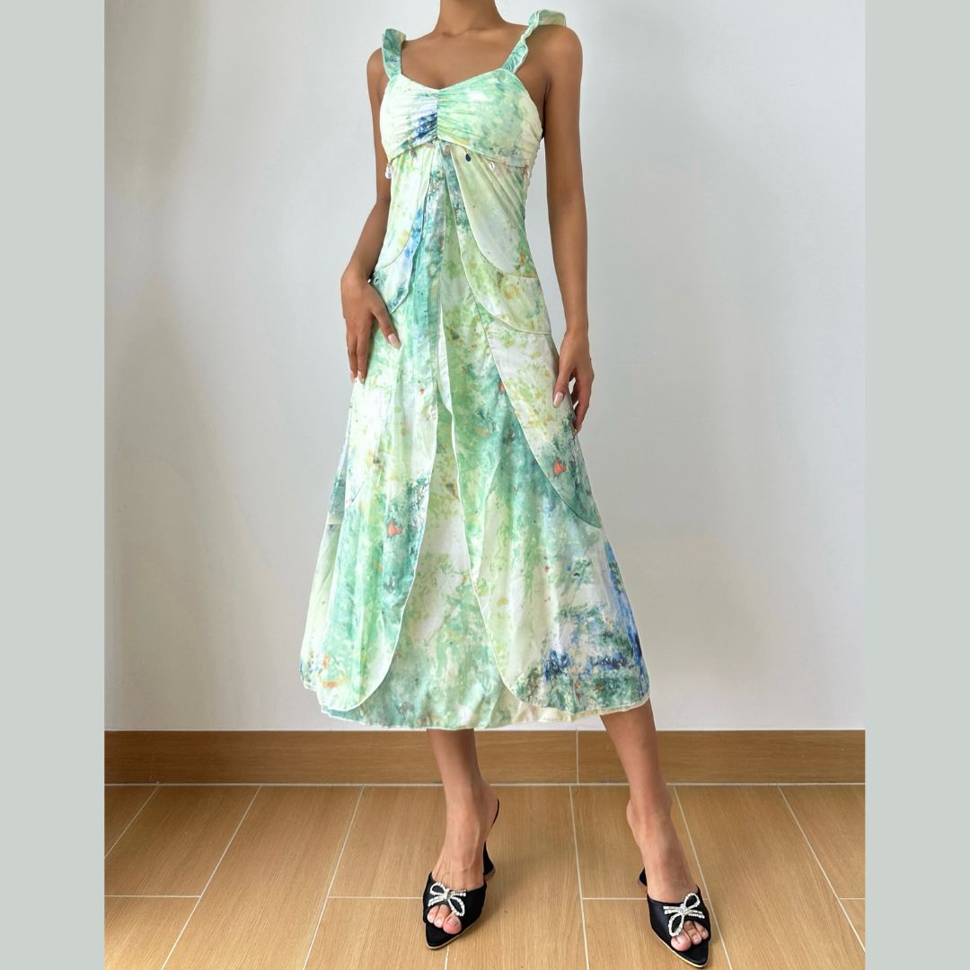 Ruched v neck ruffle print zip-up midi dress