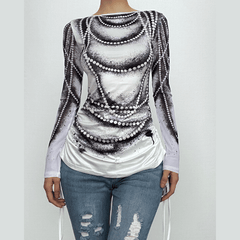 Drawstring long sleeve beaded print contrast backless top-final-sale