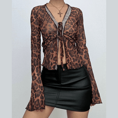 Long flared sleeve leopard print ruffle knotted sheer mesh top