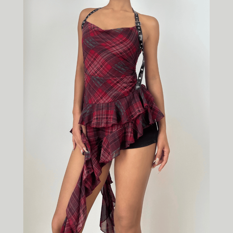 Plaid irregular halter ruffle buckle cowl neck top