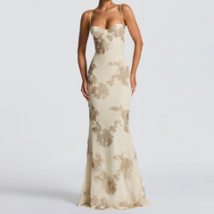 Cross back mesh spaghetti strap maxi dress