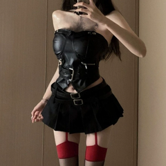 Zip-up PU leather pleated A line tube mini skirt set
