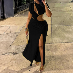 Crewneck hollow out slit long sleeve cut out maxi dress
