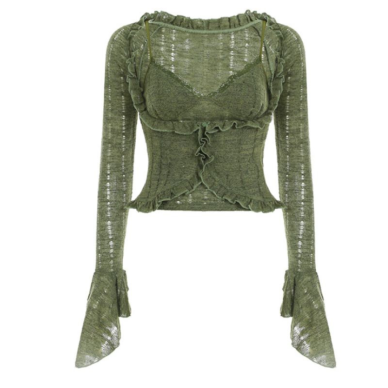 Long flared sleeve lace hem v neck ruffle top