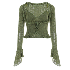 Long flared sleeve lace hem v neck ruffle top