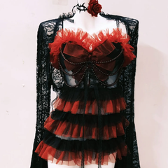 Long sleeve lace ruffle beaded cami mini dress