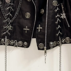 Long sleeve metal chain zip-up PU leather top