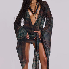 Long sleeve deep v neck mesh print mini dress