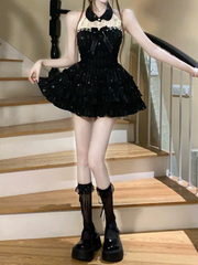 Turnover collar ruffle lace bowknot beaded mini dress