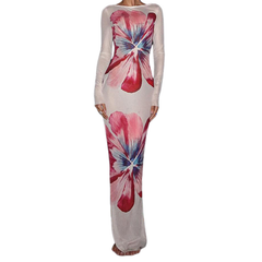 Long sleeve flower print mesh maxi dress