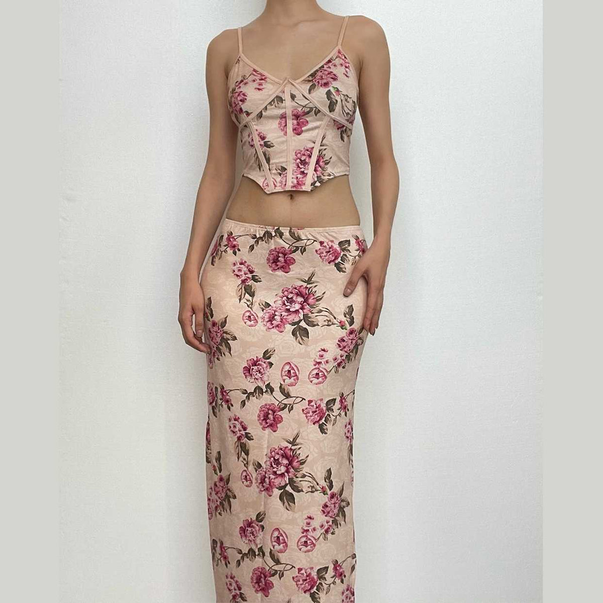 Flower print contrast corset slit backless cami maxi skirt set-final-sale