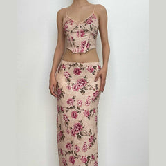 Flower print contrast corset slit backless cami maxi skirt set-final-sale