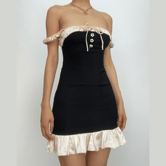 Sleeveless square neck ruffle patchwork contrast mini dress