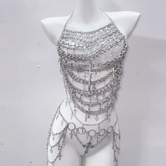 Metal chain cross applique hollow out backless waist chain cut out set