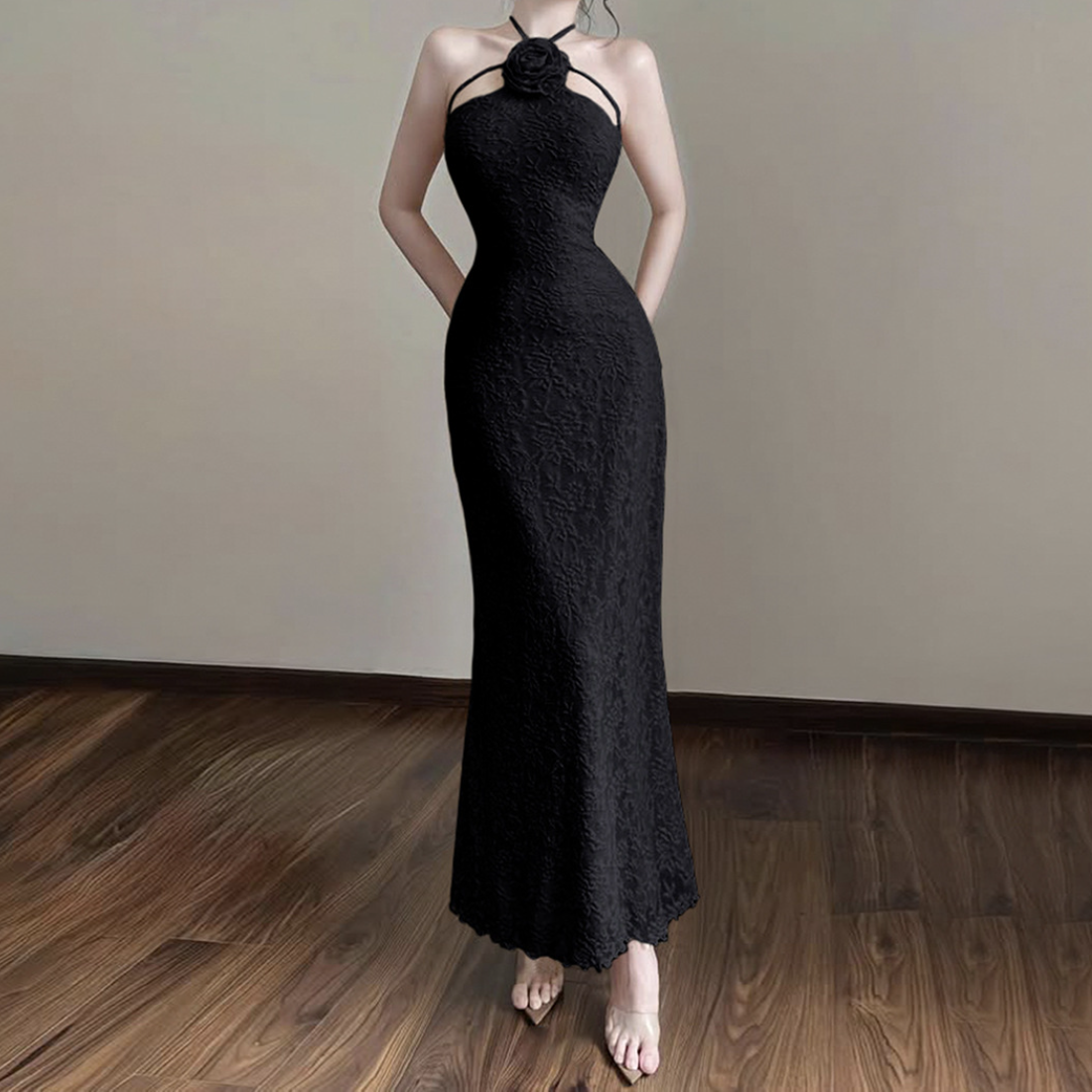 Halter self tie flower applique solid maxi dress