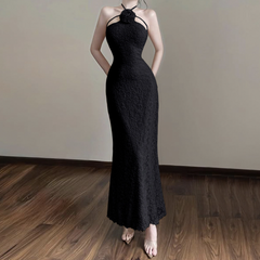 Halter self tie flower applique solid maxi dress