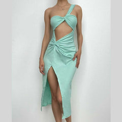 Knotted irregular one shoulder hollow out slit solid cut out midi dress-final-sale