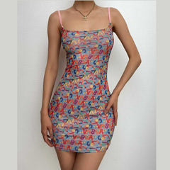 Mesh letter print contrast square neck backless cami mini dress-final-sale