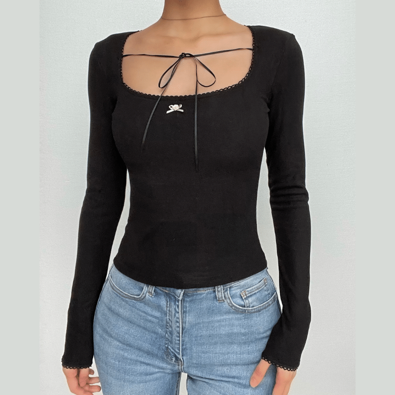 Self tie long sleeve square neck solid top-final-sale