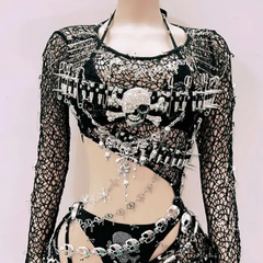 Long sleeve metal chain hollow out skull applique 3 piece dress