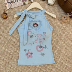 Self tie ruffle " hello kitty " pattern top