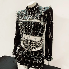 Long sleeve rivet PU leather o ring metal chain belt top