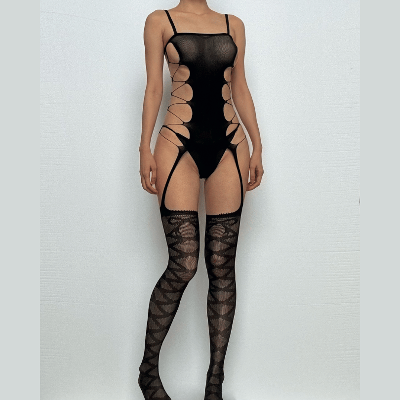 Hollow out bandage solid open crotch suspender bodystocking