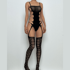 Hollow out bandage solid open crotch suspender bodystocking