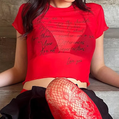 Short sleeve letter print mesh ruffle top