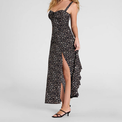 Slit flower print backless zip-up cami maxi dress