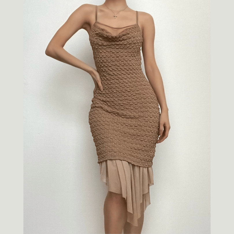 Textured mesh solid ruched irregular cami midi dress - Final Sale