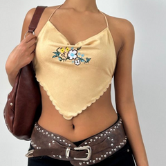 Halter flower embroidery crop top