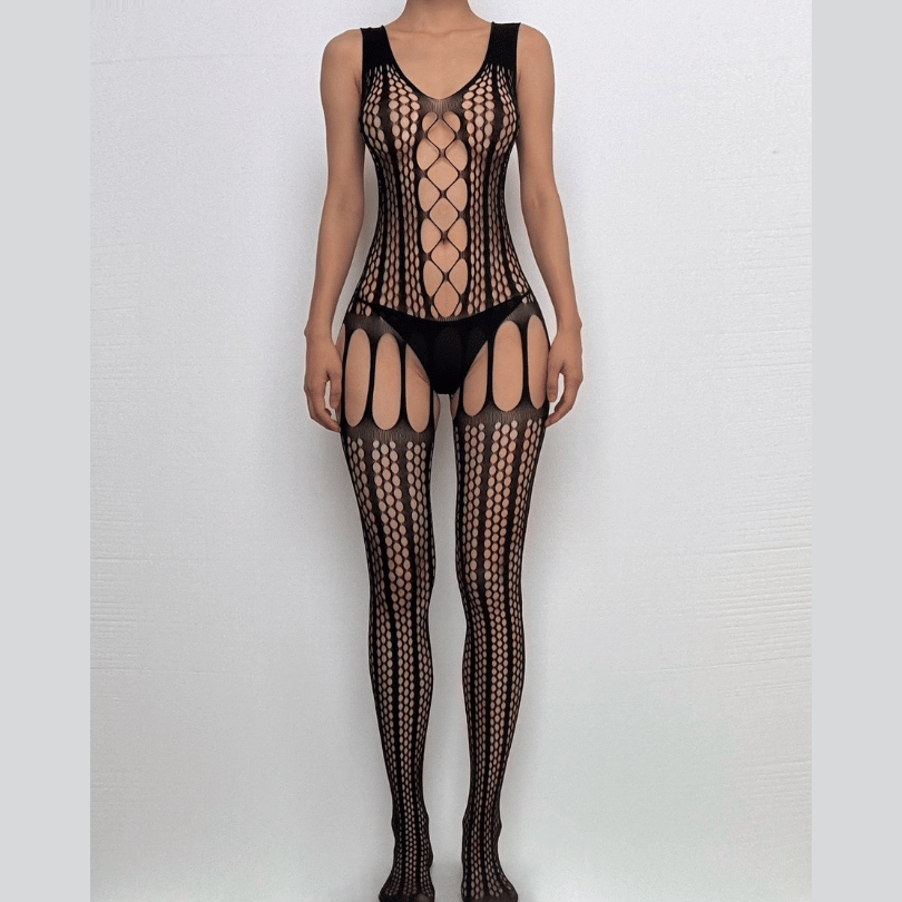 U neck net hollow out solid bodystocking
