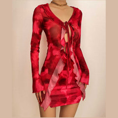 Long sleeve contrast print self tie ruffle mini dress-final-sale