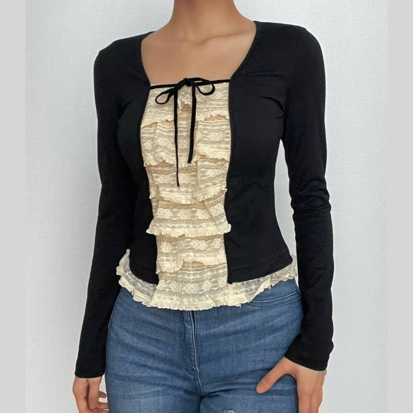 Lace patchwork contrast long sleeve self tie top-final-sale
