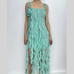 Ruffle solid self tie mesh flower applique ribbon midi dress-final-sale