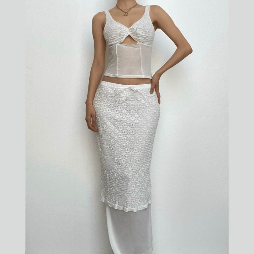 Lace v neck sleeveless hollow out solid patchwork maxi skirt set - Final Sale