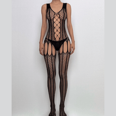 U neck net hollow out solid bodystocking